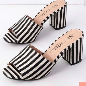 Lulu’s black + white striped peep toe mules